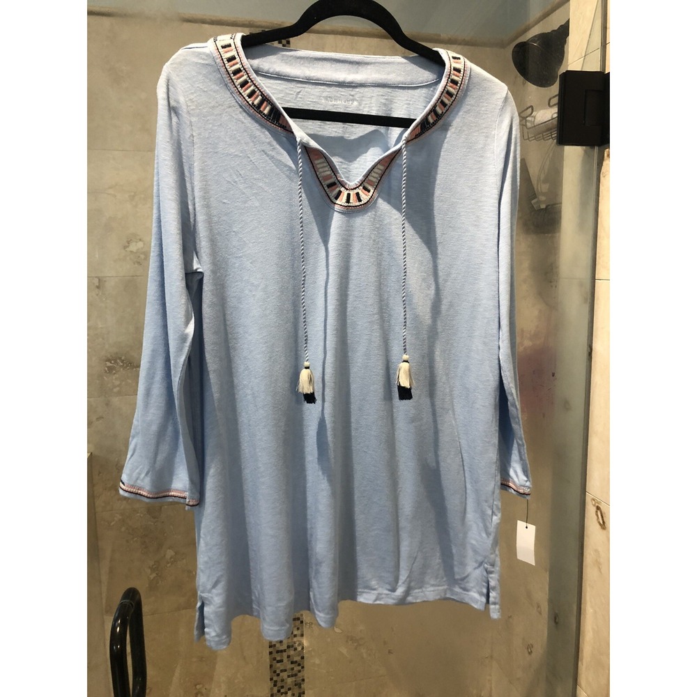 Talbots Blue Modal Embroidered Boho Tassel Soft Sweater Womens Size M Pullover